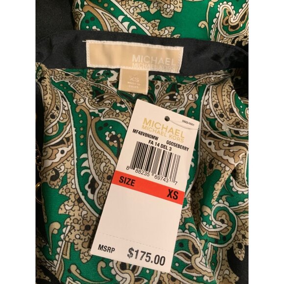 Michael Kors Navy Blue Tan Green Geometric Paisley Dress W/ Chain Size XS, NWT! - Picture 10 of 11